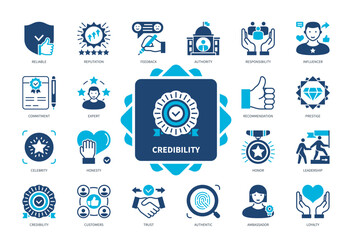 Credibility icon set. Commitment, Reputation, Reliable, Prestige, Responsibility, Recommendation, Authority, Honesty. Duotone color solid icons