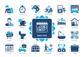 Daily Life icon set. Shopping, House Cleaning, Social Media, Cooking, Breakfast, Bathroom, Sleeping, Toilet. Duotone color solid icons