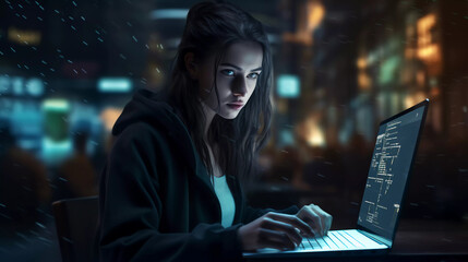 Young girl programmer writing code on the keyboard, in the office space at night