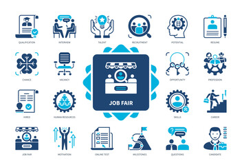 Job Fair icon set. Resume, Vacancy, Motivation, Interview, Human Resources, Profession, Candidate, Recruitment. Duotone color solid icons
