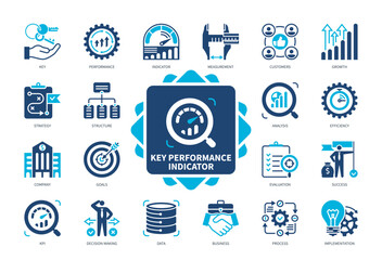 Key Performance icon set. Performance, Efficiency, Evaluation, Implementation, Strategy, Decision Making, Growth, Measurement. Duotone color solid icons