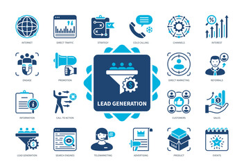Lead Generation icon set. Call to Action, Cold Calls, Channels, Direct Traffic, Internet, Events, Interest, Referrals. Duotone color solid icons