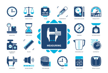 Measuring icon set. Stopwatch, Dose, Scales, Weighting, Time, Productivity, Calculator, Ruler. Duotone color solid icons