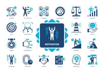 Motivation icon set. Determination, Challenge, Goals, Opportunity, Support, Inspiration, Performance, Teamwork. Duotone color solid icons
