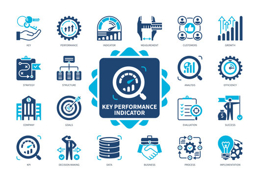 Key Performance icon set. Performance, Efficiency, Evaluation, Implementation, Strategy, Decision Making, Growth, Measurement. Duotone color solid icons