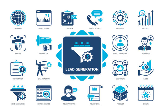 Lead Generation icon set. Call to Action, Cold Calls, Channels, Direct Traffic, Internet, Events, Interest, Referrals. Duotone color solid icons