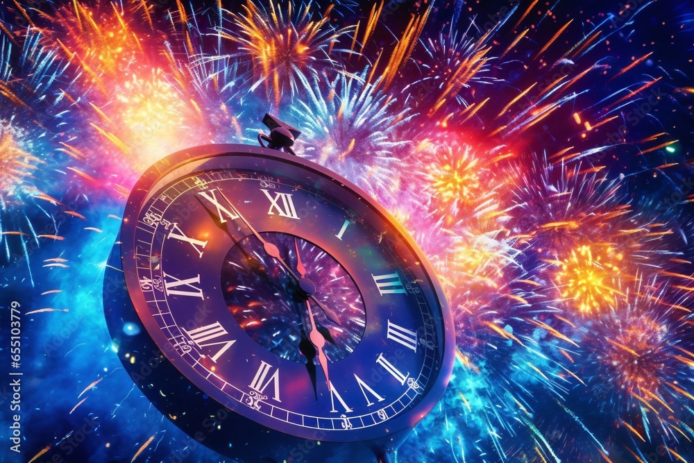 Canvas Prints new year clock and fireworks at midnight, new year's eve concept. time concept with vintage clock. c