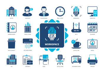 Workspace icon set. Office, Assistant, Businessman, Printer, Contract, Address Book, Calendar, Computer. Duotone color solid icons
