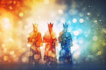Silhouettes of Tres Reyes Magos  ( Three Wise Men) on colorful background with bokeh . Epiphany or Dia de Reyes Magos celebration cocnept - obrazy, fototapety, plakaty