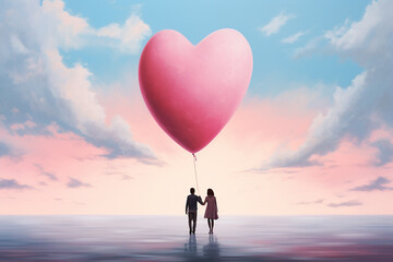 Man and woman walking below the bog heart shape pink balloon Happy couple on pastel background with clouds .Saint valentine, Anniversary, wedding, and love concept