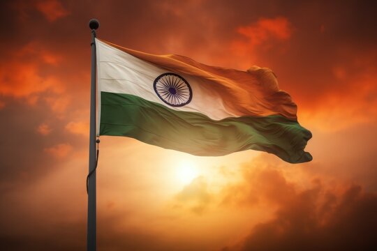 Indian flag on sun. Freedom wind. Generate Ai