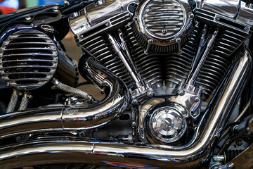 Motorcycle engine. Biker motorcycle with chromed new engine.