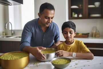 Indian son father cooking food. Dinner family. Generate Ai