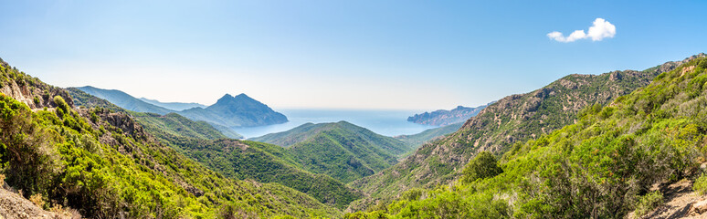 Panoramic view at the nature of Corsica (West coast) in France - 655104338