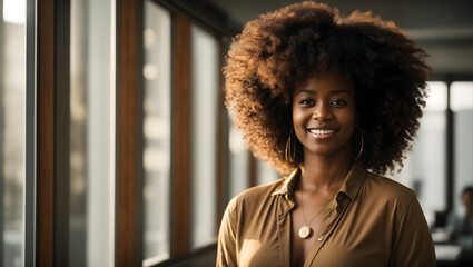 portrait of a black woman with an afro hairstyle standing by a window in an office
 - Powered by Adobe
