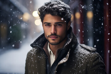 portrait of handsome smiling man standing under the snowing - obrazy, fototapety, plakaty