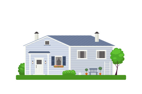 Cute wooden  three-quarters house.  Rural house concept. Cartoon flat style. Vector illustration 
