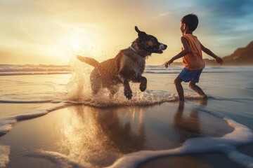 Kid running beach dog. Pet child. Generate Ai