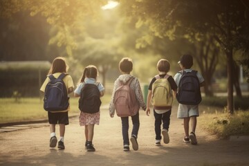 Kids group walking. Outside person. Generate Ai