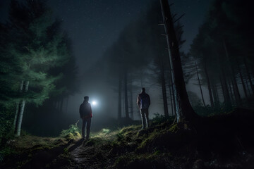 Silhouette of two men standing in a dark forest at night and looking at the starry sky