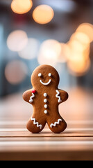 Gingerbread man on wooden table with bokeh light background