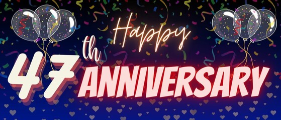 47th anniversary or birthday celebration background. Luxury abstract pattern of forty seventh happy anniversary with confetti, balloon, neon text on gradient blue background 
