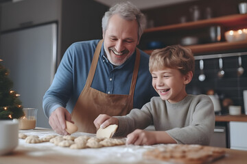 Grandfather and grandson are making cookies in the kitchen at home - obrazy, fototapety, plakaty