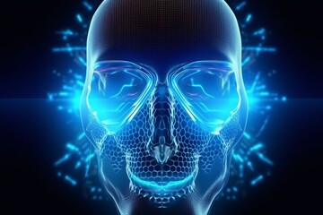 3D illustration of a human skull in digital art style with glowing lights