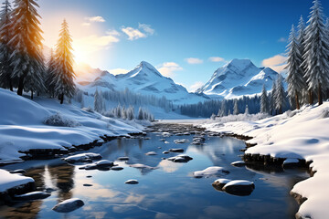 winter snowing mountain landscape with stream at sunrise, AI generated