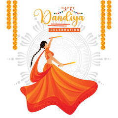 Floral Illustration of Girl Playing Garba and Dandiya in Joyful Navratri Celebration