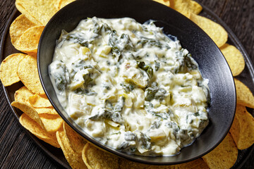 artichoke spinach almond dip with potato chips