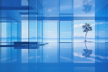 A modern blue environment with reflective glass. Generative AI