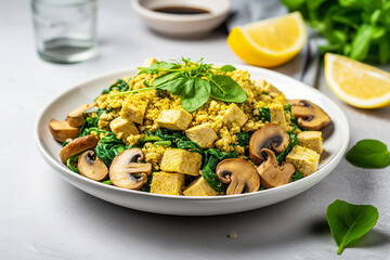 Tofu scramble with spinach and mushrooms recipes isolated on a white background