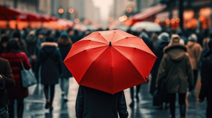 Rear view of a woman with a red umbrella walking on a busy city street with many people. Weather or rainy day concept. Generative AI