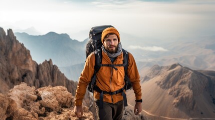 Man traveling alone for backpacking, hiking, active and healthy adventure travel vacation. Generative AI