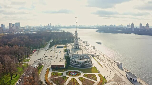 Aerial view of famous Rechnoy Vokzal river station in Moscow. Historical building of harbour terminal