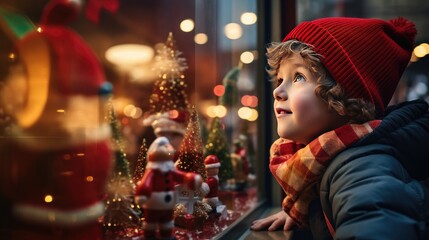 Little boy looking at a toy store window at Christmas. Generative AI