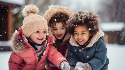 Little children playing in the snow. Generative AI - obrazy, fototapety, plakaty