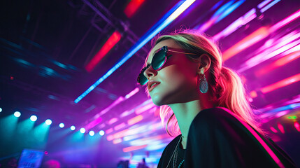 Fototapeta na wymiar a fashion young adult at a vibrant music festival, colorful stage lighting