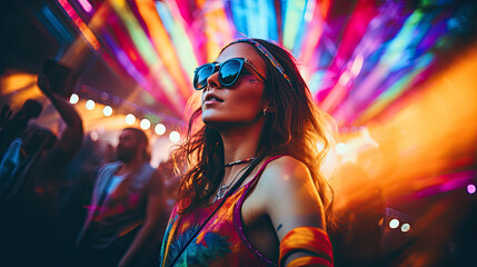 a fashion  young adult at a vibrant music festival, colorful stage lighting