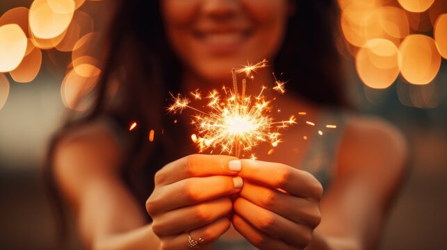 Young woman holding sparkler at party. Generative AI