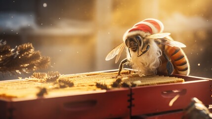 Close-up of a bee with a Santa hat and a gray beard in a beehive. Sunny day. - obrazy, fototapety, plakaty
