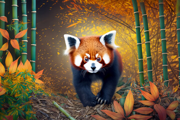 Naklejka premium Red Panda in the autumn bamboo forest with warm colors and many yellow and orange fallen leaves.
