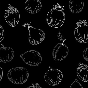 Seamless pattern. Hand drawing black white sketch fruits