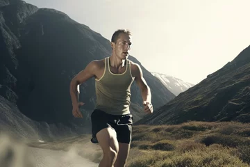 Fototapete Grau Man athlete mountain run sport. Training young. Generate Ai