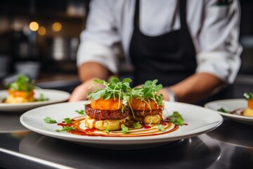 Master chef cook man hands precisely cooking dressing preparing tasty fresh delicious mouthwatering gourmet dish food on plate to customers 5-star michelin restaurant kitchen close-up detailed artwork