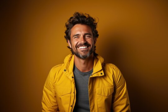 Portrait of smiling confident male entrepreneur posing on yellow background. Cheerful adult with beard, smiling, looking at camera on yellow backdrop.
