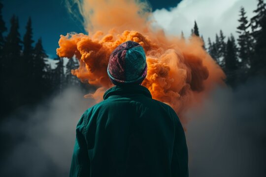 Man orange smoke. Person vaping vaper. Generate Ai