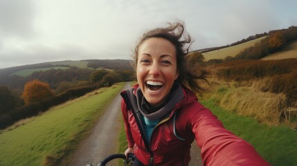 A female Cyclist's Selfie in Serene Scenery