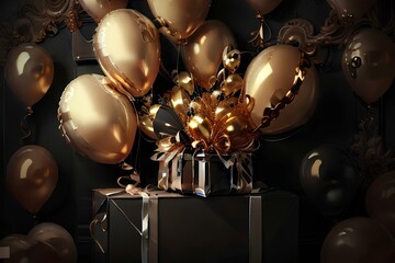 Baroque Gold balloons and luxury gifts bunch on a black wall background generative AI